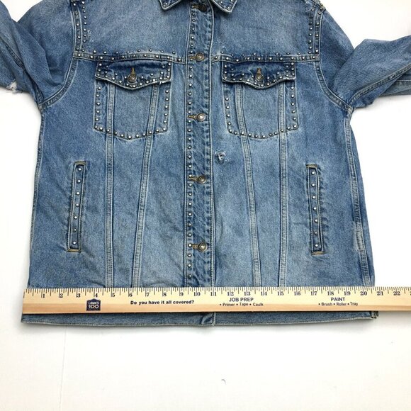 Free People Women's Denim Jean Jacket Studded Oversized Trucker Distressed M - Picture 7 of 12